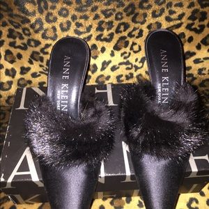 Black satin  mink trimmed mules w/ 3in heel